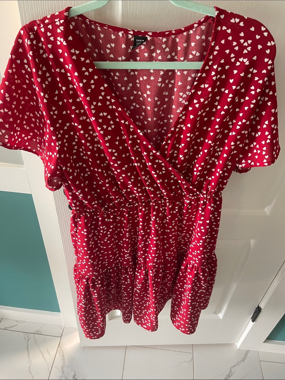 SHEIN Red Heart Print Wrap-Style Mini Dress